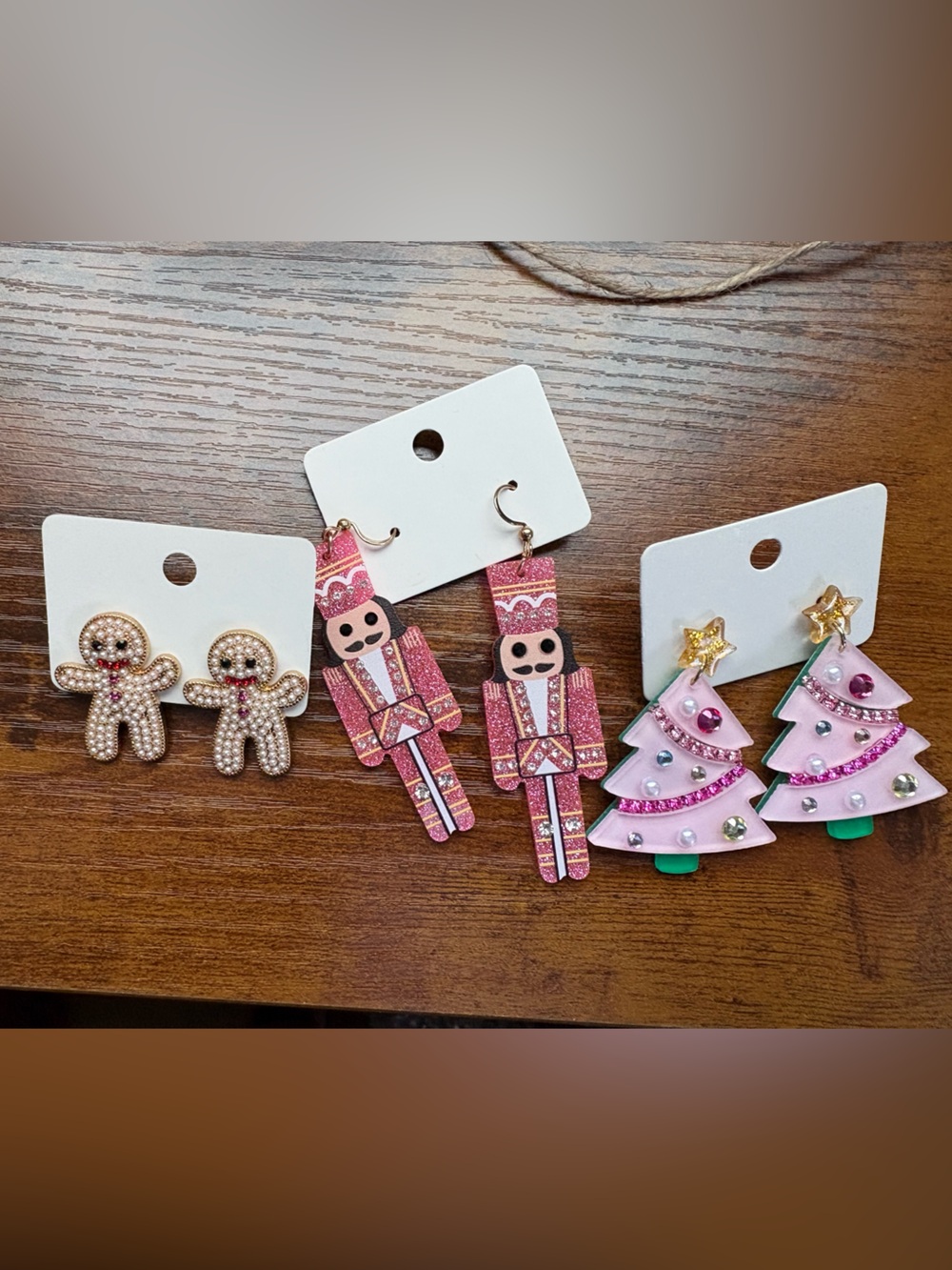 Festive Holiday Earring Trio — Pink Gingerbread, Nutcracker, and Christmas Tree